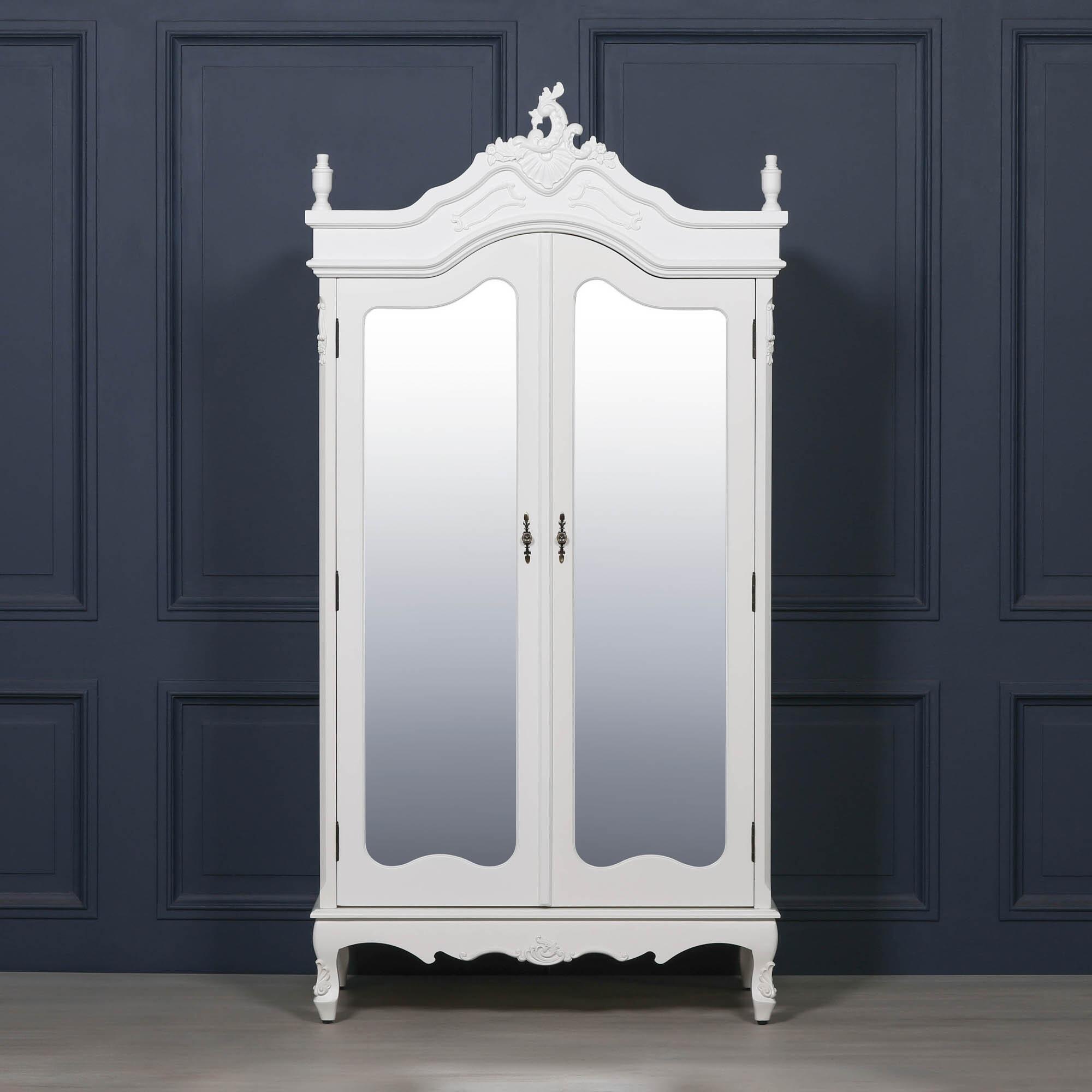 French Style Armoire Wardrobe - White Carved - 2 Door Mirror