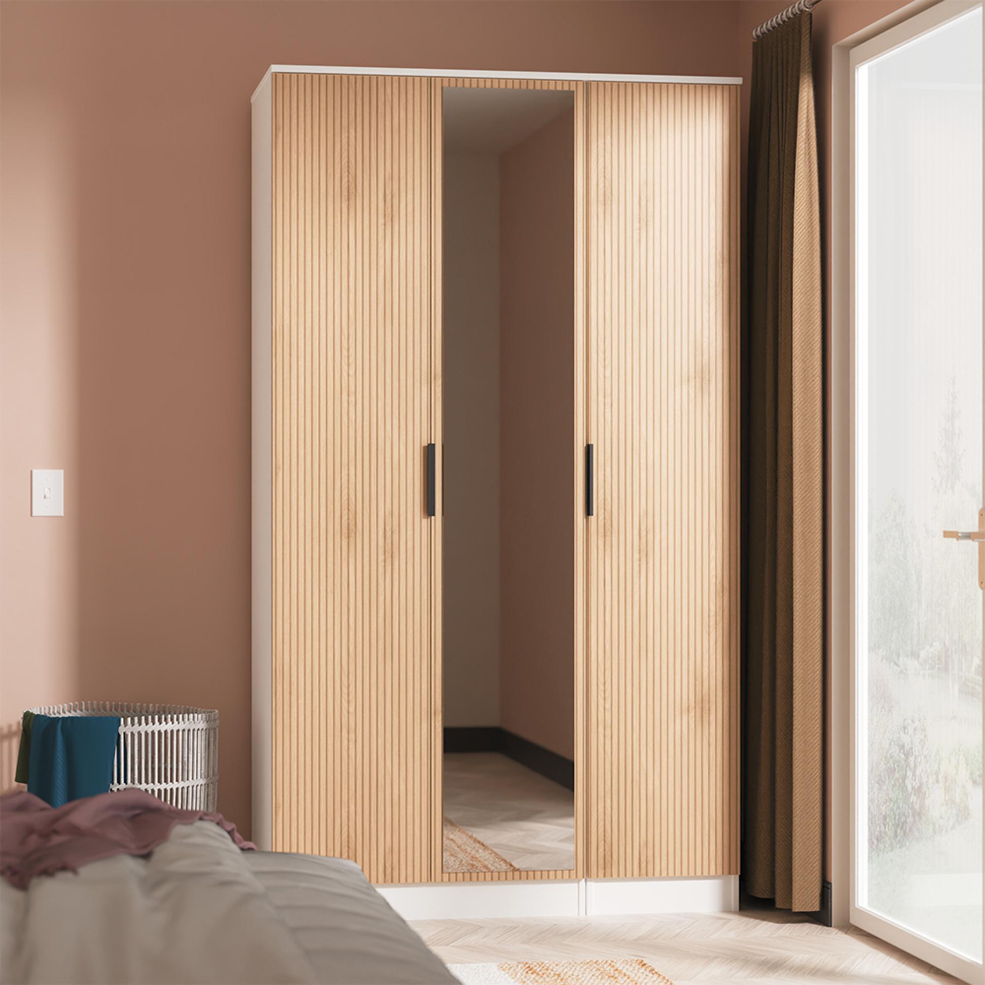 Java Fluted Wardrobe - 3 Door - Tall Triple Robe - 1 Mirror - Natural and White