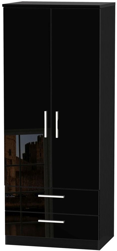 Knightsbridge Black Gloss 2 Door 2 Drawer Double Wardrobe