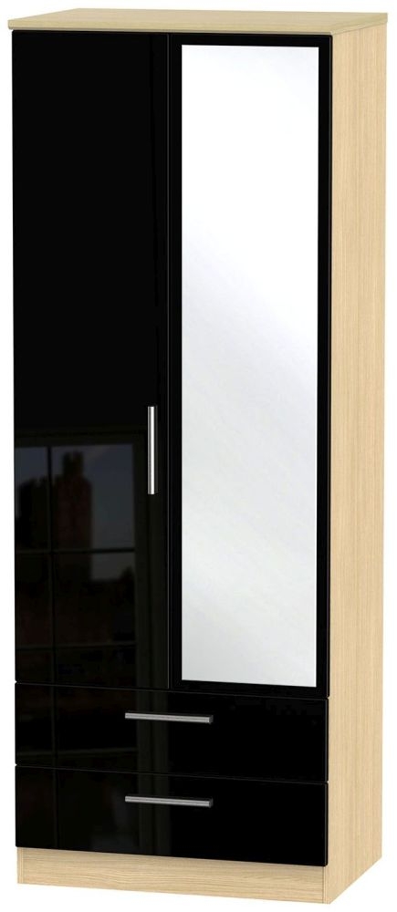 Knightsbridge Black Gloss and Light Oak 2 Door Tall Combi Wardrobe - 1 Mirror