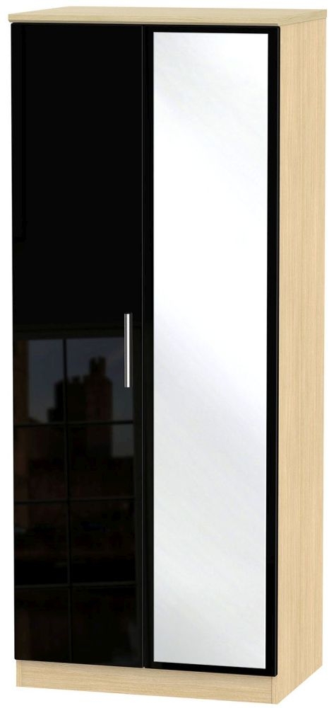 Knightsbridge Black Gloss and Light Oak 2 Door Wardrobe - 1 Mirror