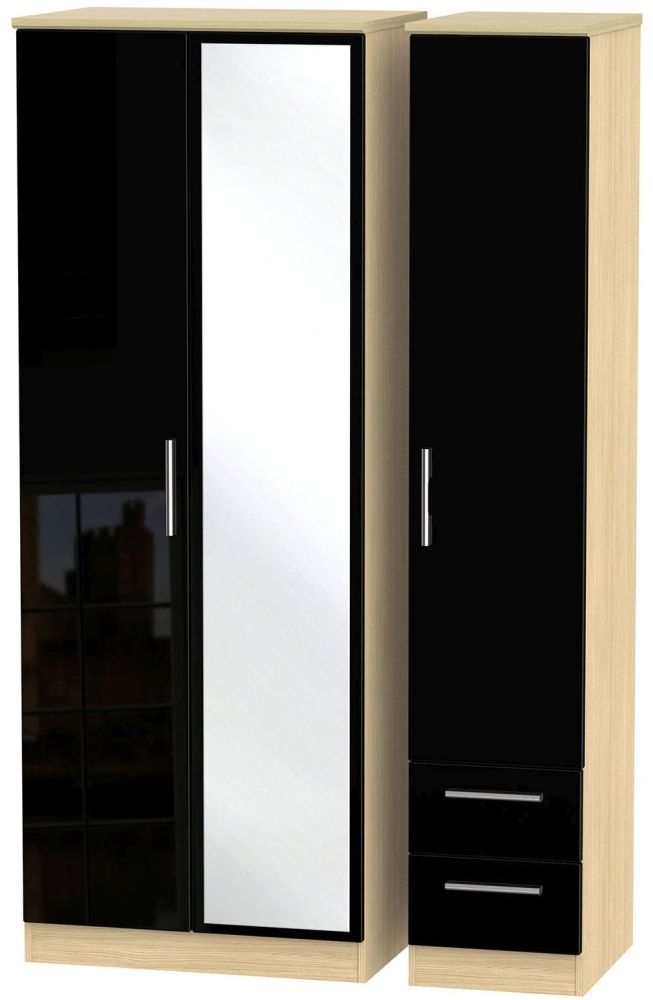 Knightsbridge Black Gloss and Light Oak 3 Door Tall Combi Wardrobe - 1 Mirror and RHF 2 Drawers