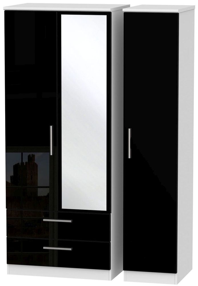 Knightsbridge Black Gloss and White 3 Door Combi Wardrobe - 1 Mirror and LHF 2 Drawers
