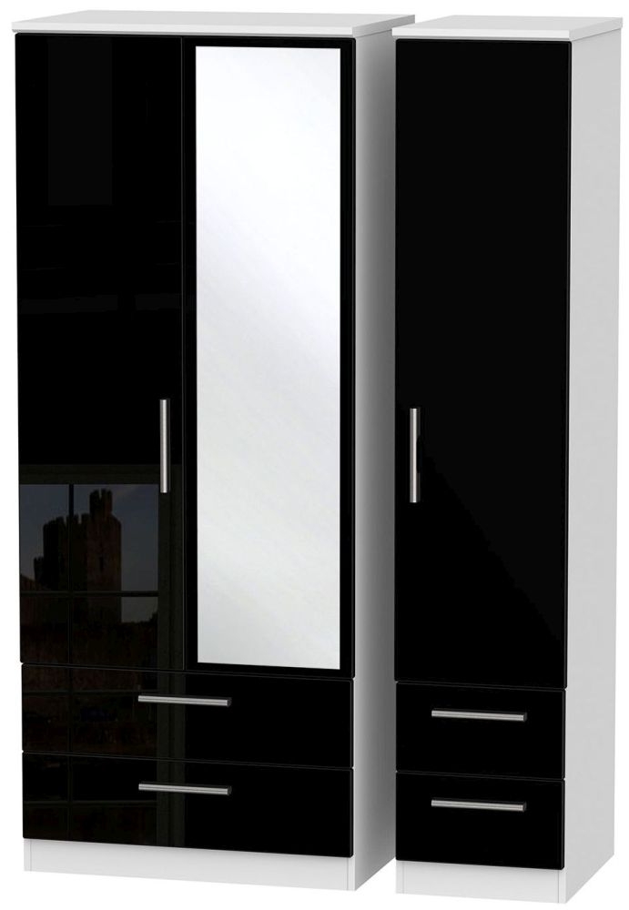 Knightsbridge Black Gloss and White 3 Door Combi Wardrobe - 1 Mirror
