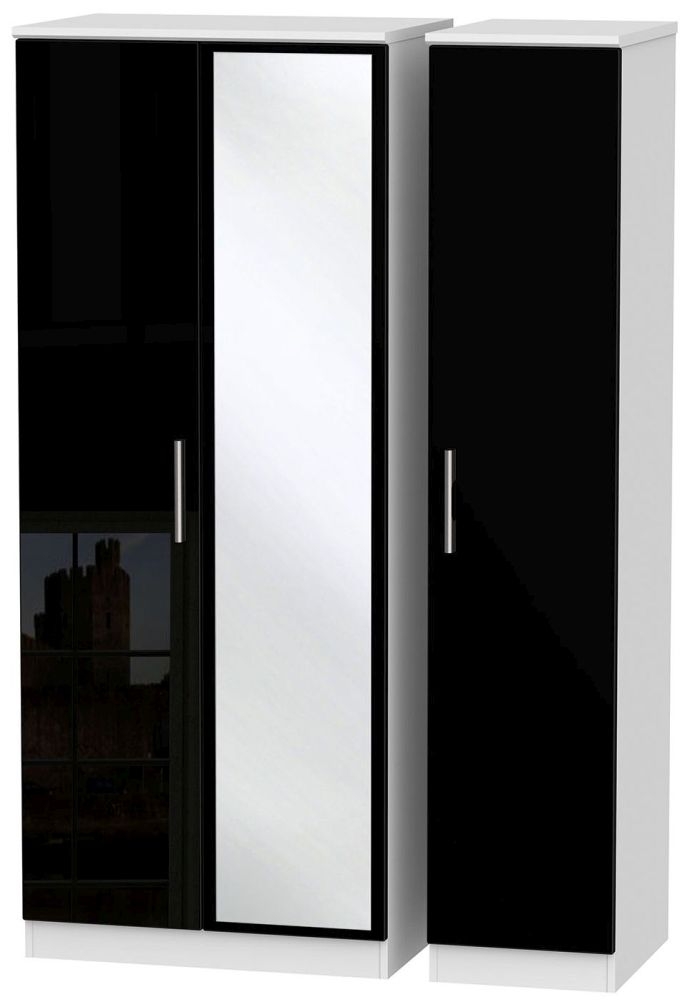 Knightsbridge Black Gloss and White 3 Door Triple Wardrobe - 1 Mirror