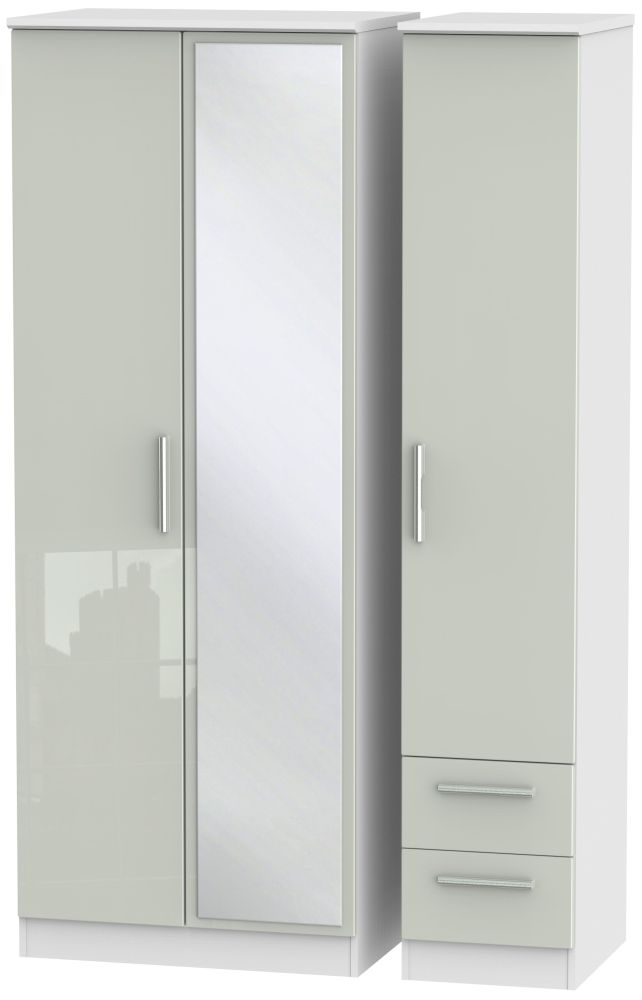 Knightsbridge Cashmere Gloss and White 3 Door Tall Combi Wardrobe - 1 Mirror and RHF 2 Drawers