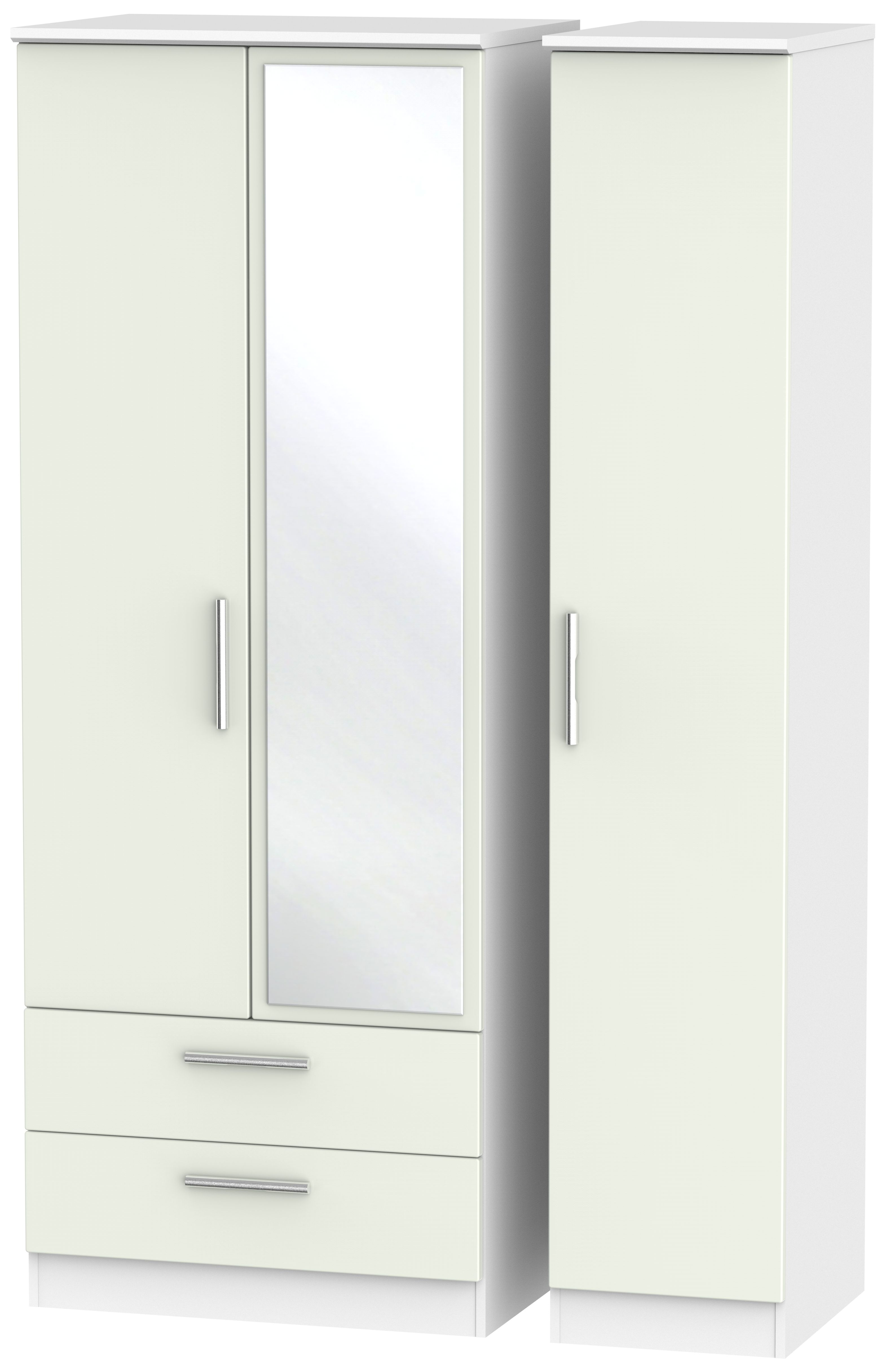 Knightsbridge Cashmere Matt and White 3 Door Tall Combi Wardrobe - 1 Mirror and LHF 2 Drawers