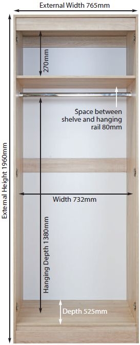 Knightsbridge Wardrobe - 2 Door - 1 Mirror - Tall - Cream Gloss