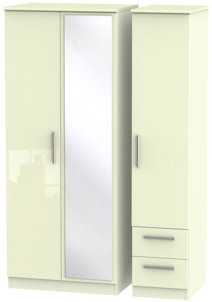 Knightsbridge Wardrobe - 3 Door - 1 Mirror - RHF 2 Drawers - Combi - Cream Gloss