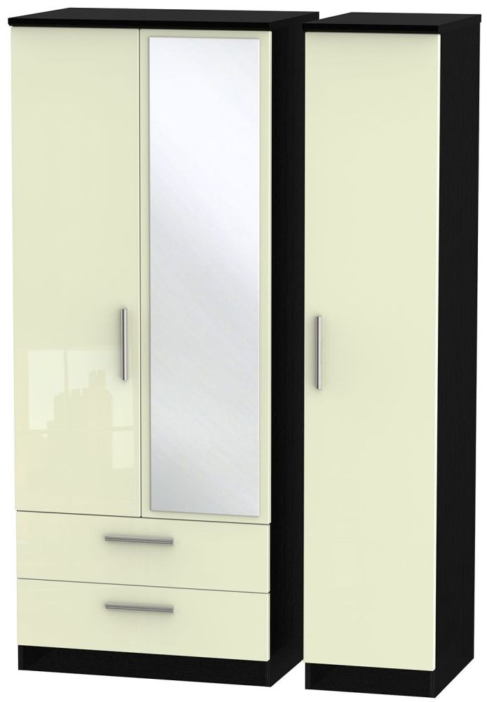 Knightsbridge Cream Gloss and Black 3 Door Combi Wardrobe - 1 Mirror and LHF 2 Drawers