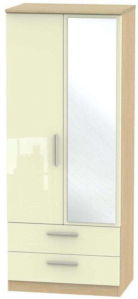 Knightsbridge Cream Gloss and Light Oak 2 Door Combi Wardrobe - 1 Mirror