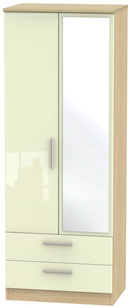 Knightsbridge Cream Gloss and Light Oak 2 Door Tall Combi Wardrobe - 1 Mirror