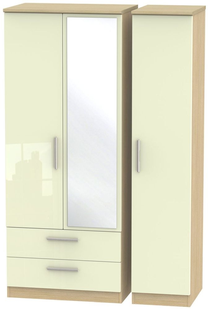 Knightsbridge Cream Gloss and Light Oak 3 Door Combi Wardrobe - 1 Mirror and LHF 2 Drawers