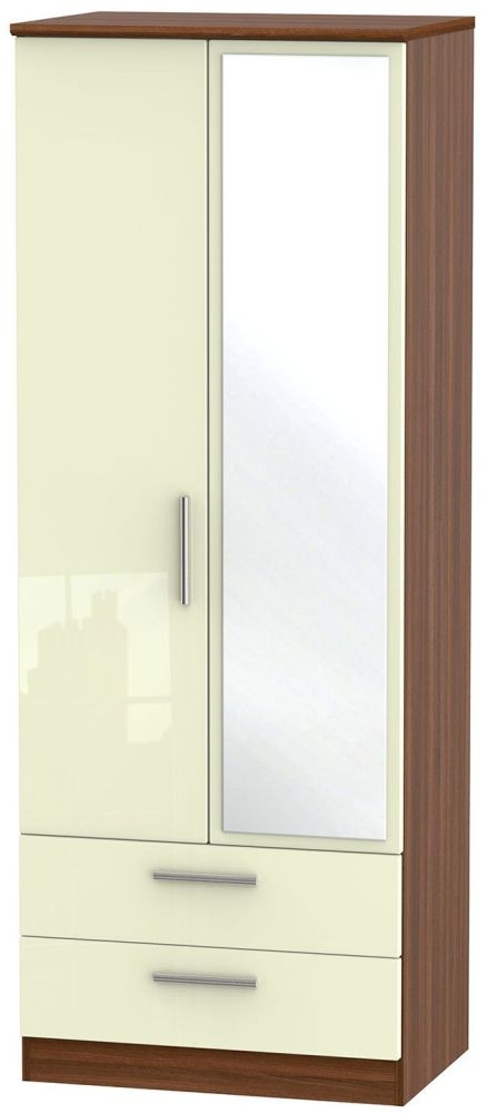Knightsbridge Cream Gloss and Walnut Effect 2 Door Tall Combi Wardrobe - 1 Mirror