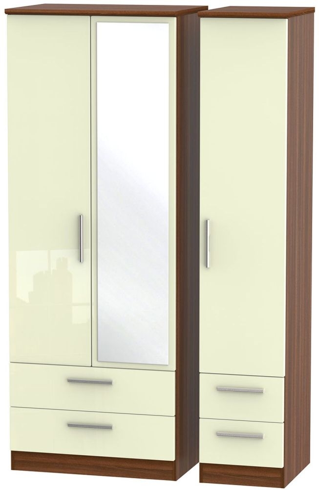 Knightsbridge Cream Gloss and Walnut Effect 3 Door Tall Combi Wardrobe - 1 Mirror