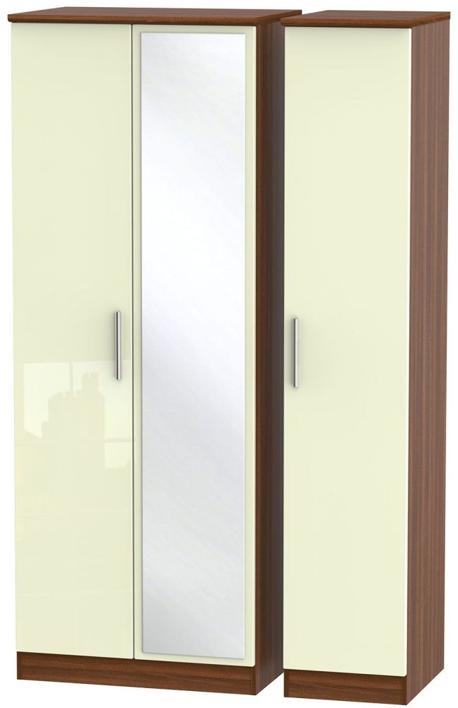 Knightsbridge Cream Gloss and Walnut Effect 3 Door Tall Triple Wardrobe - 1 Mirror