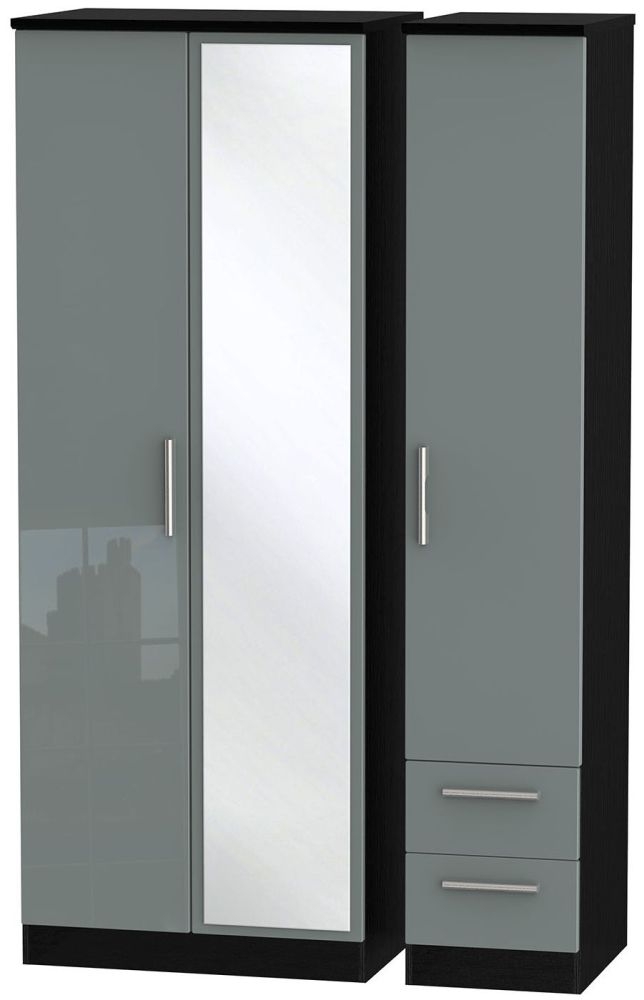 Knightsbridge Grey Gloss and Black 3 Door Tall Combi Wardrobe - 1 Mirror and RHF 2 Drawers