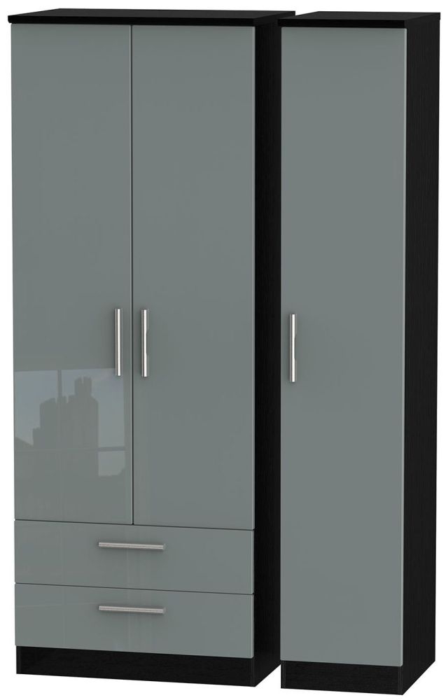 Knightsbridge Grey Gloss and Black 3 Door Tall Triple Wardrobe - LHF 2 Drawers