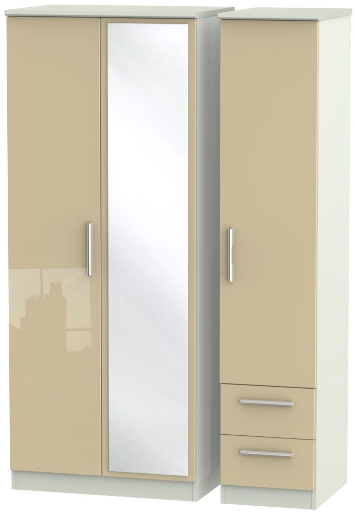 Knightsbridge Mushroom and Cashmere Matt 3 Door Combi Wardrobe - 1 Mirror and RHF 2 Drawers