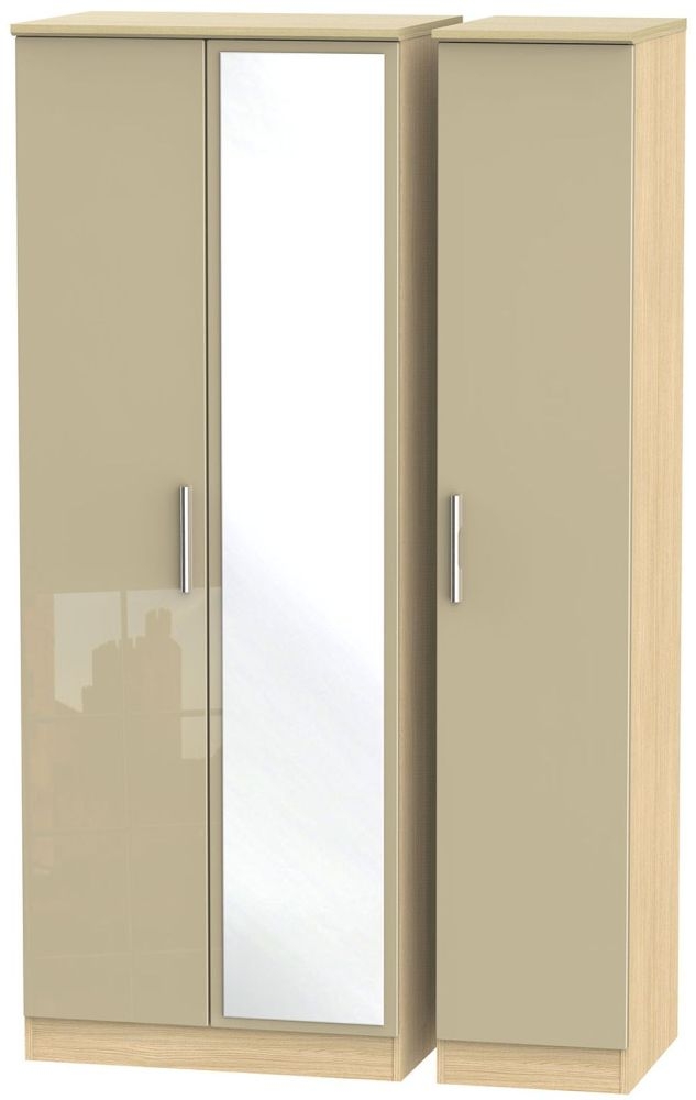 Knightsbridge Mushroom and Light Oak 3 Door Tall Triple Wardrobe - 1 Mirror
