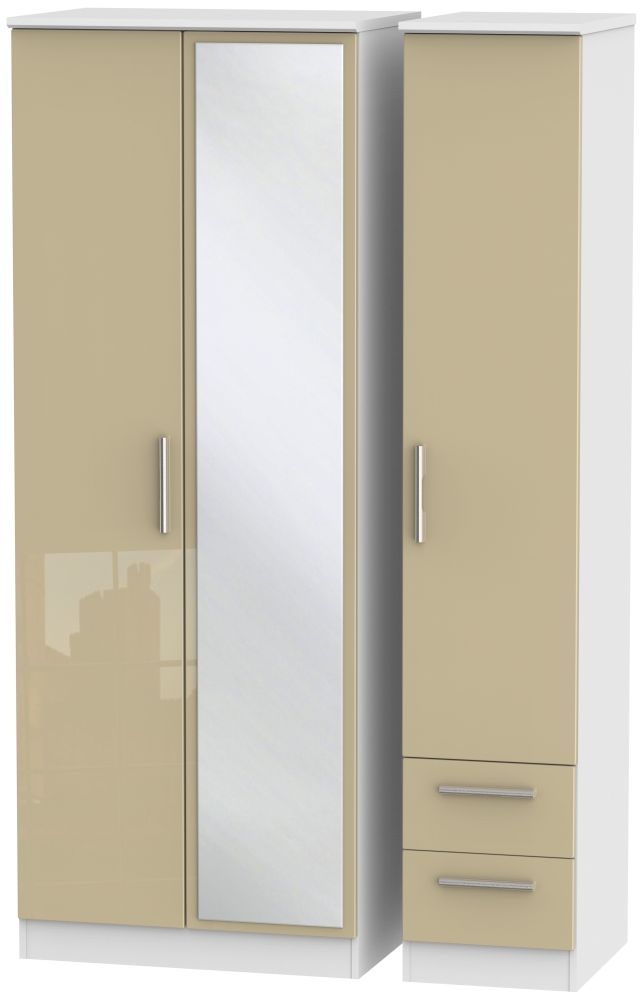 Knightsbridge Mushroom and White 3 Door Tall Combi Wardrobe - 1 Mirror and RHF 2 Drawers