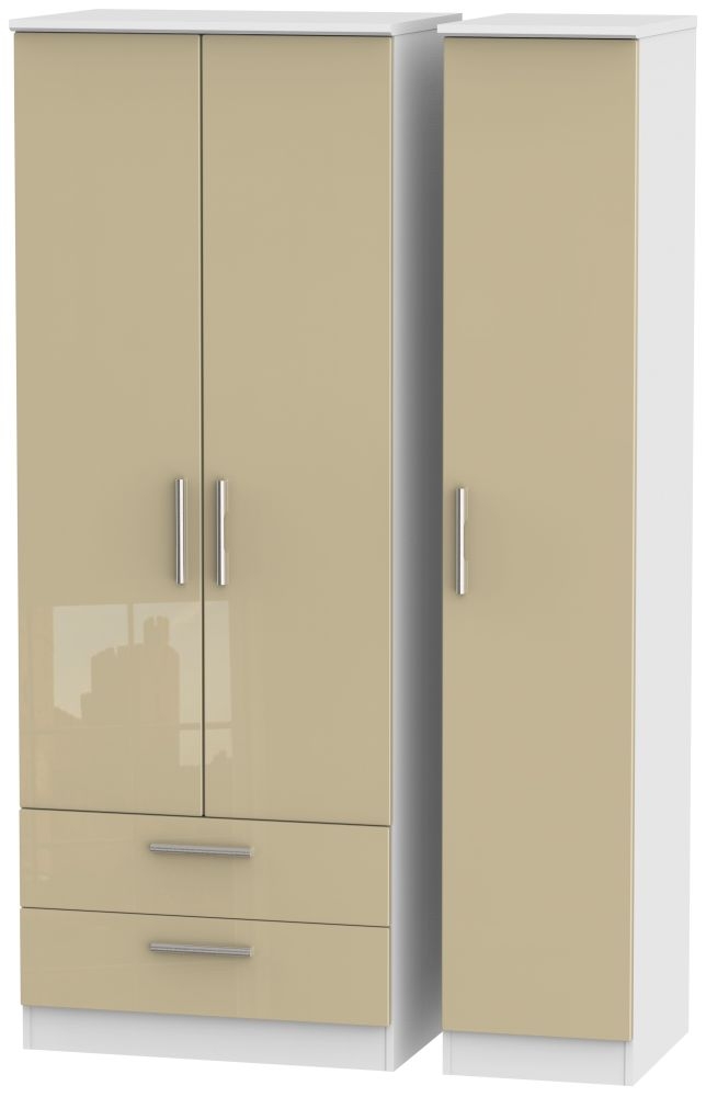 Knightsbridge Mushroom and White 3 Door Tall Triple Wardrobe - LHF 2 Drawers
