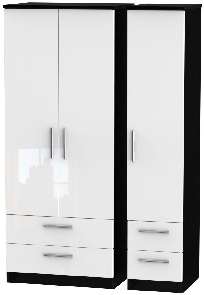 Knightsbridge White Gloss and Black 3 Door Triple Wardrobe - 4 Drawers