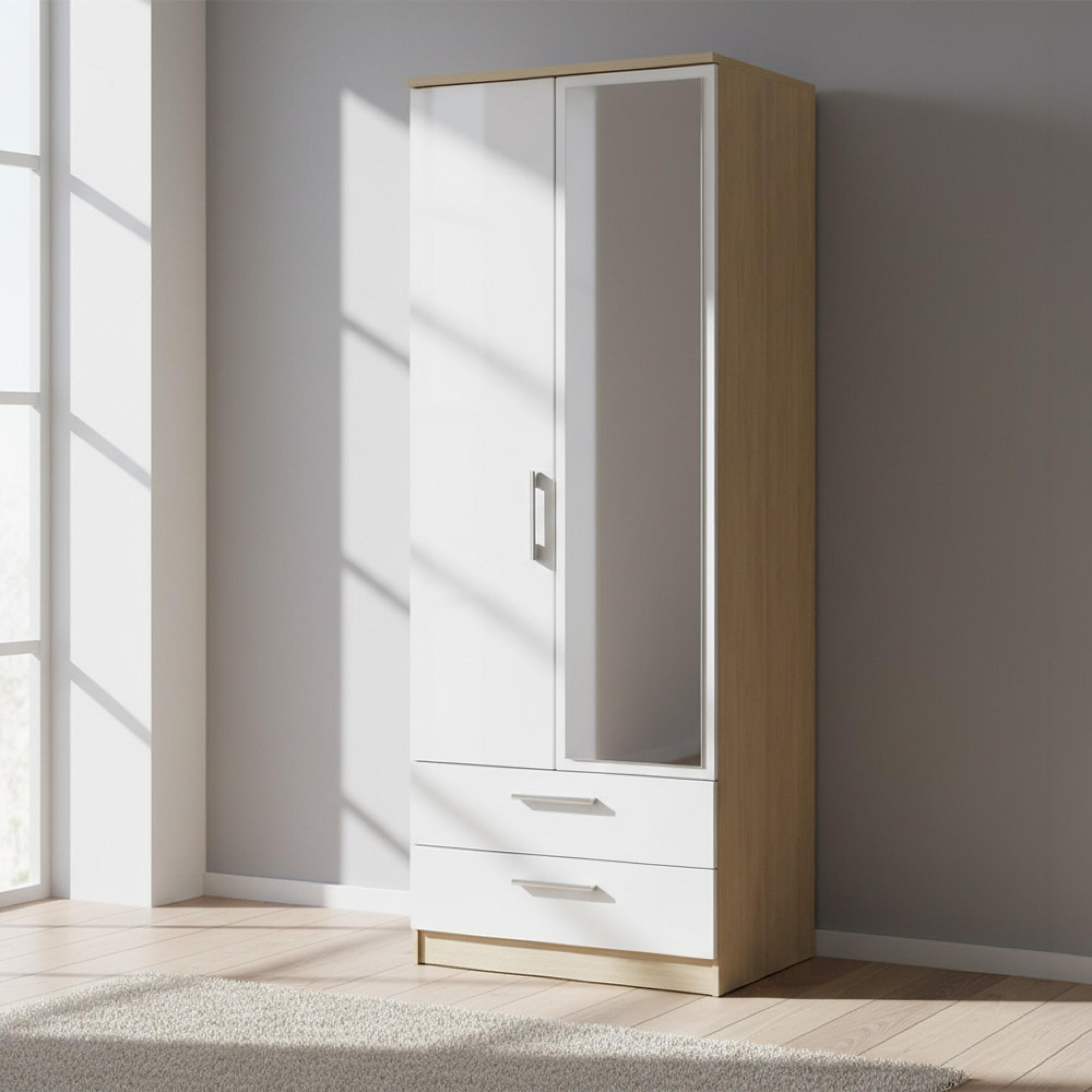 Knightsbridge White Gloss and Light Oak 2 Door Tall Combi Wardrobe - 1 Mirror