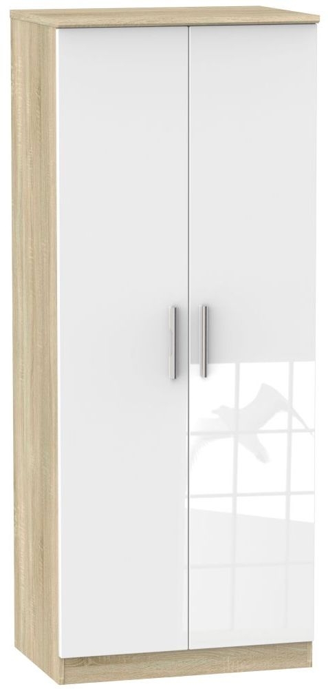 Knightsbridge White Gloss and Oak Effect 2 Door Plain Wardrobe