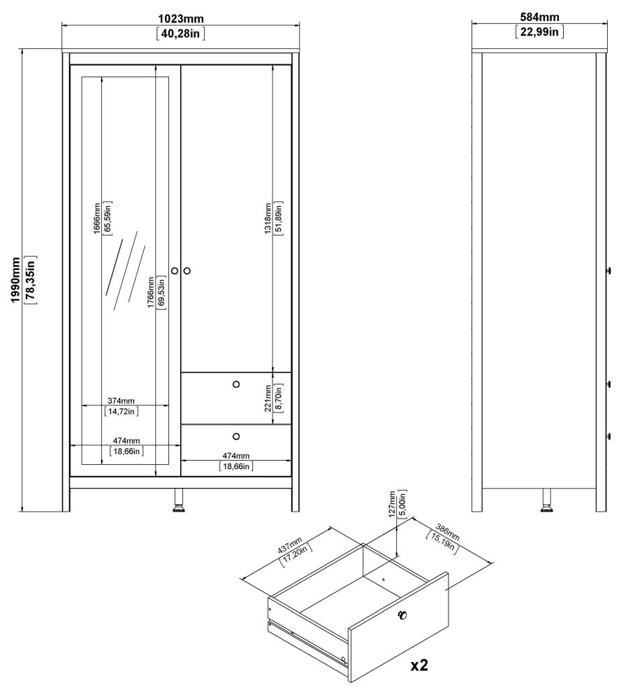 Madrid Wardrobe - 2 Door - 2 Drawer - Combi - Black