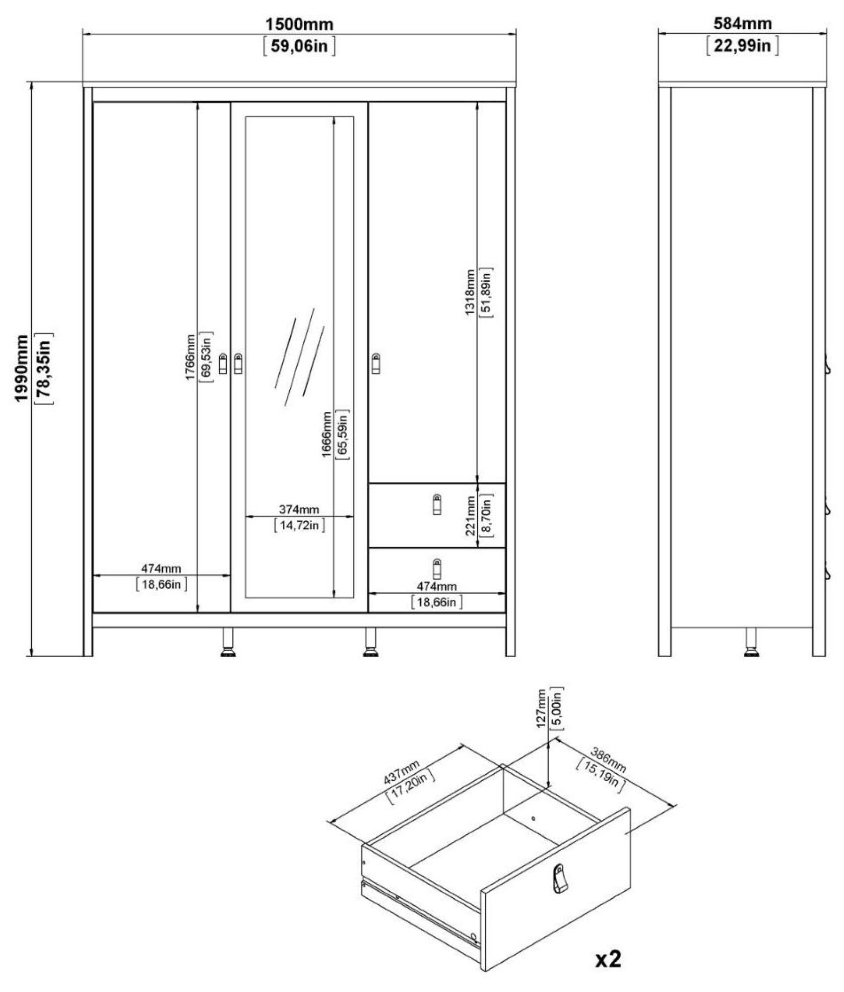 Madrid Wardrobe - 2 Door - 2 Drawer - Combi - White