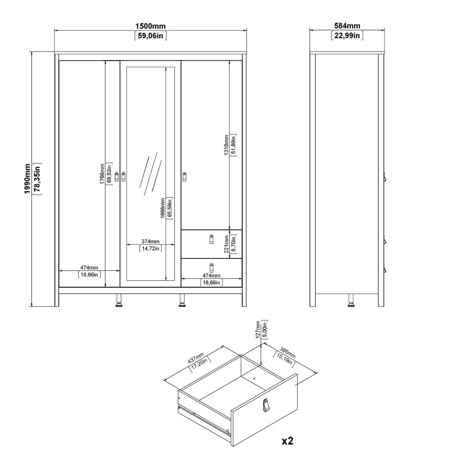 Madrid Wardrobe - 3 Door - 2 Drawer - Combi - White