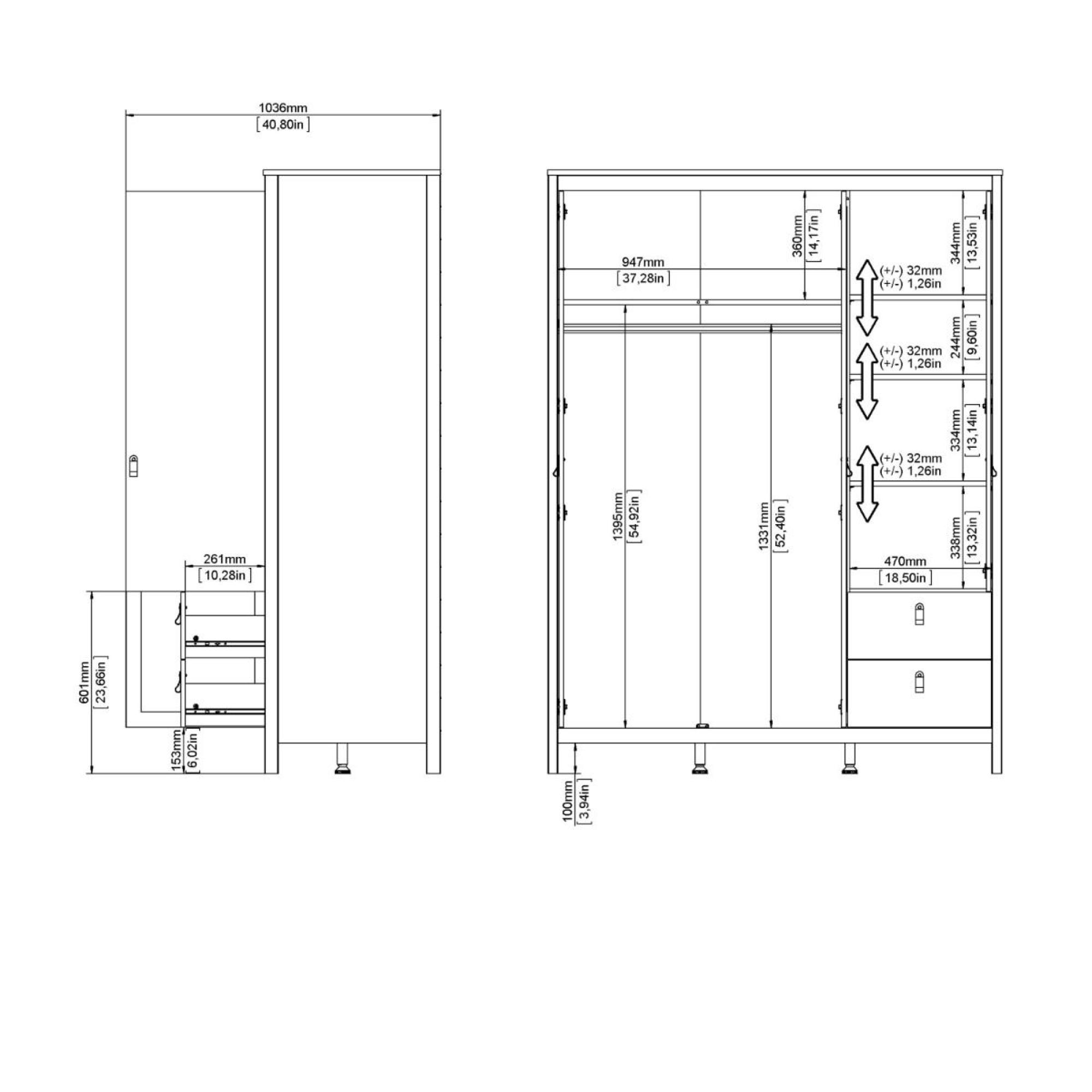 Madrid Wardrobe - 3 Door - 2 Drawer - Combi - White
