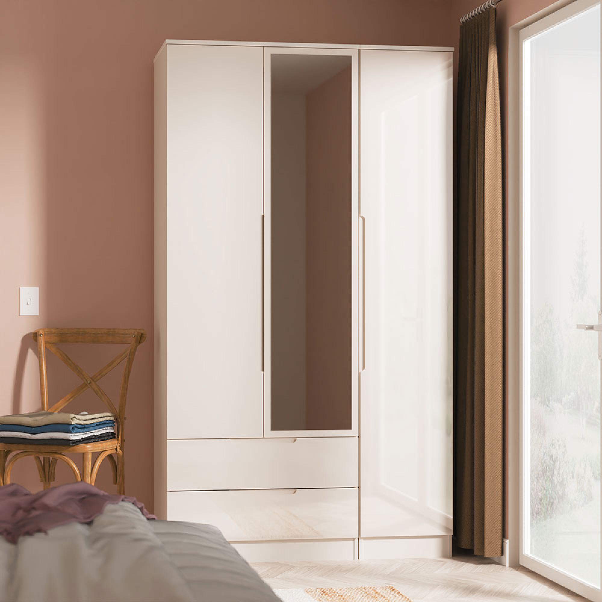 Milan Cashmere Gloss 3 Door Tall Combi Wardrobe - 1 Mirror and LHF 2 Drawers