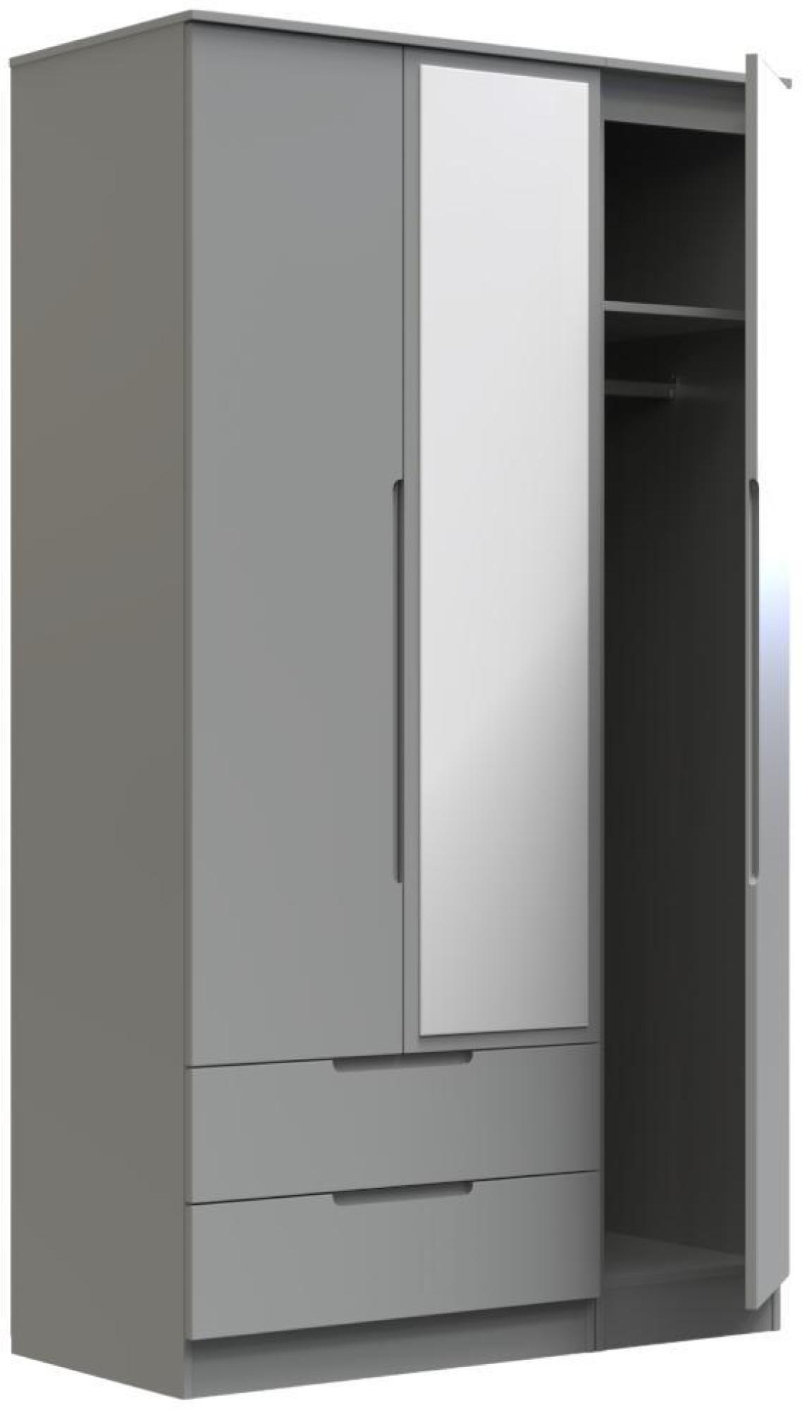 Milan Wardrobe - 3 Door - 1 Mirror - LHF 2 Drawer - Tall - Combi - Grey