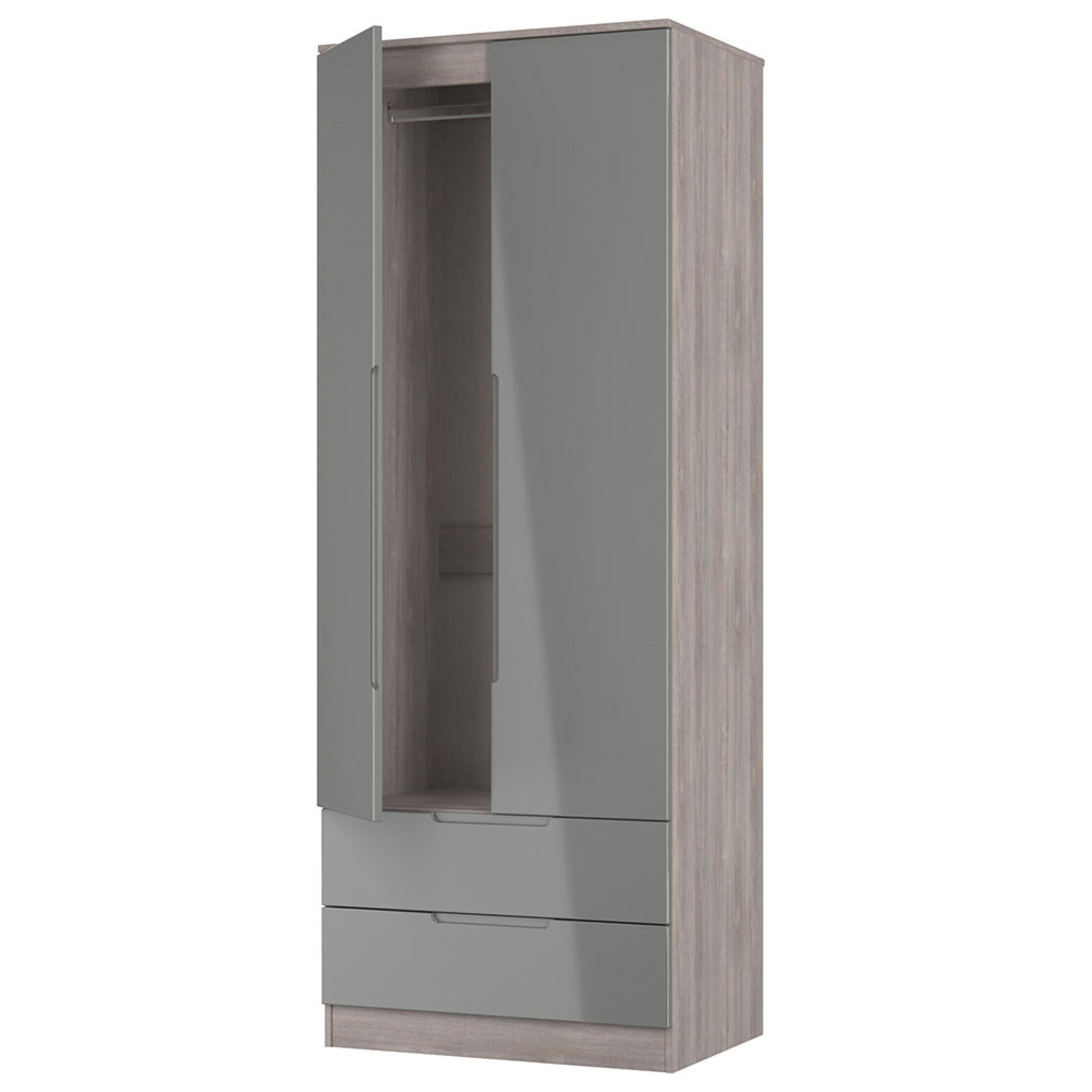 Milan Wardrobe - 2 Door - 2 Drawer - Double - Grey Gloss and Grey Oak