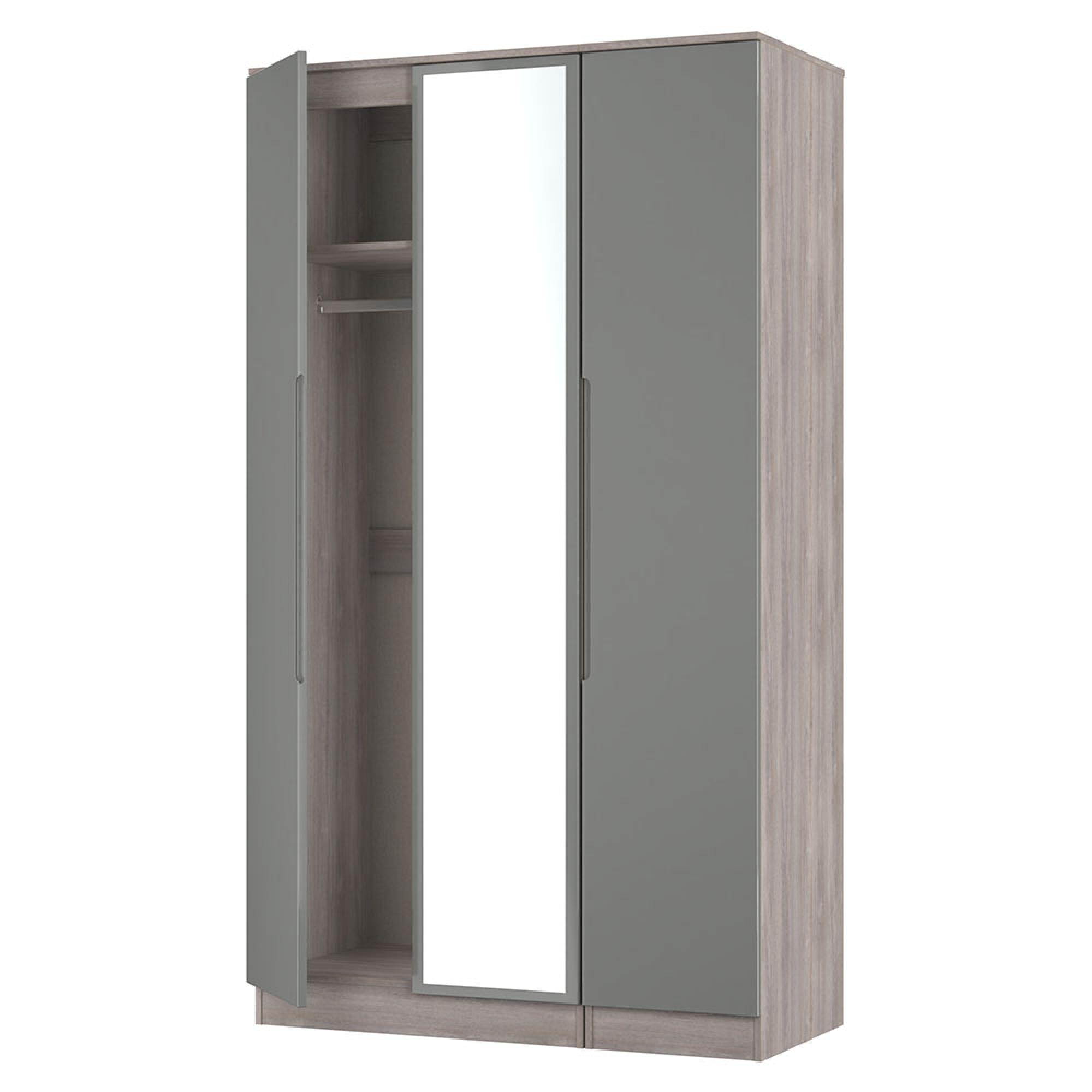 Milan Wardrobe - 3 Door - 1 Mirror - Tall - Triple - Grey Gloss and Grey Oak