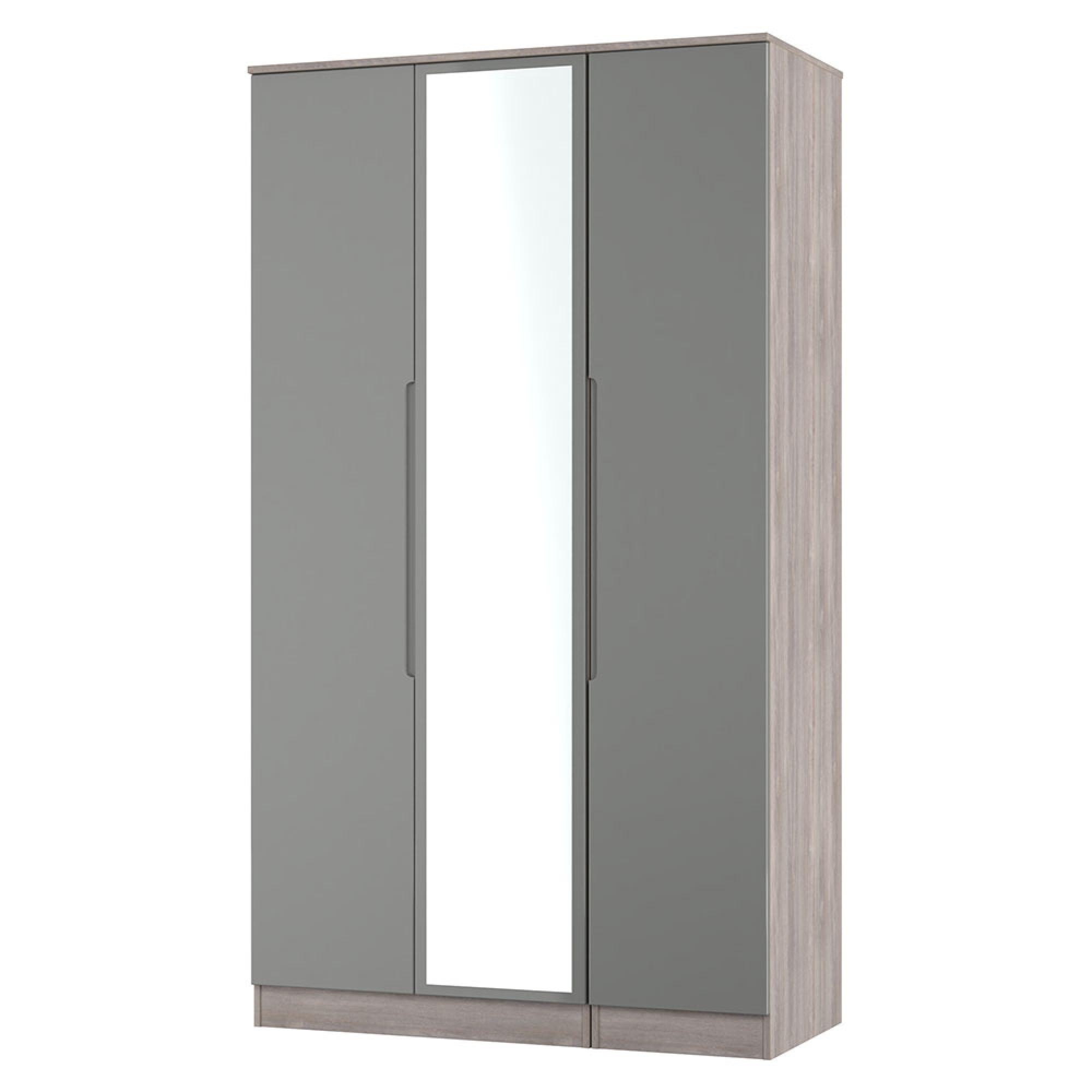 Milan Wardrobe - 3 Door - 1 Mirror - Tall - Triple - Grey Gloss and Grey Oak