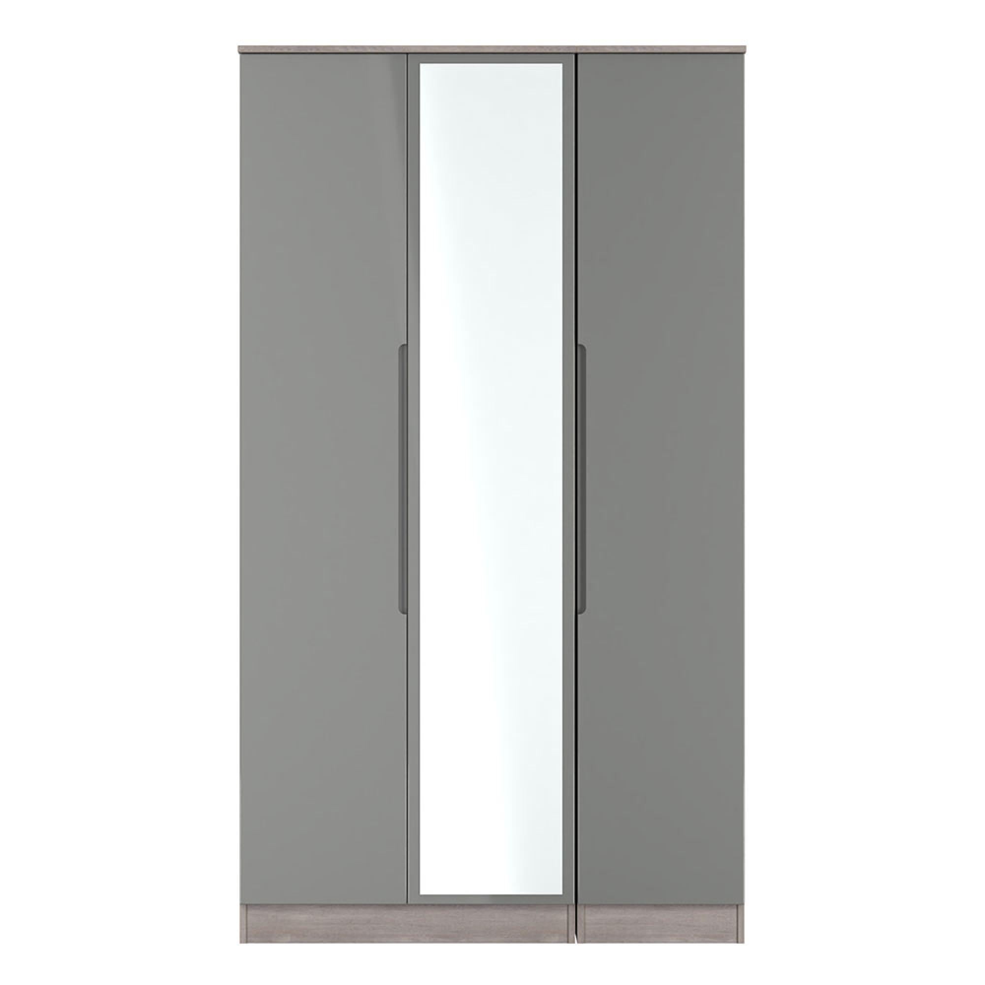 Milan Wardrobe - 3 Door - 1 Mirror - Tall - Triple - Grey Gloss and Grey Oak