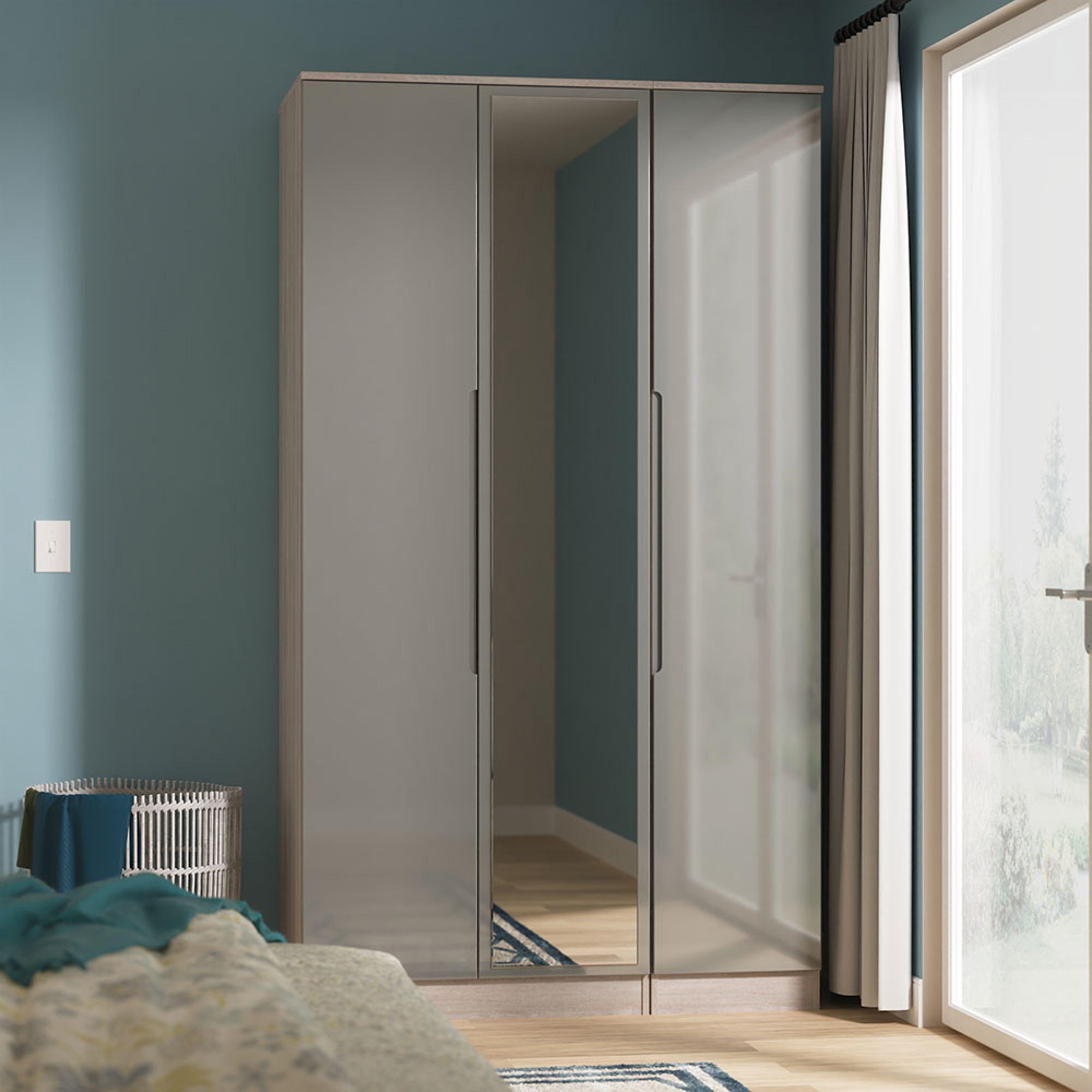 Milan Grey Gloss and Grey Oak 3 Door Tall Triple Wardrobe - 1 Mirror