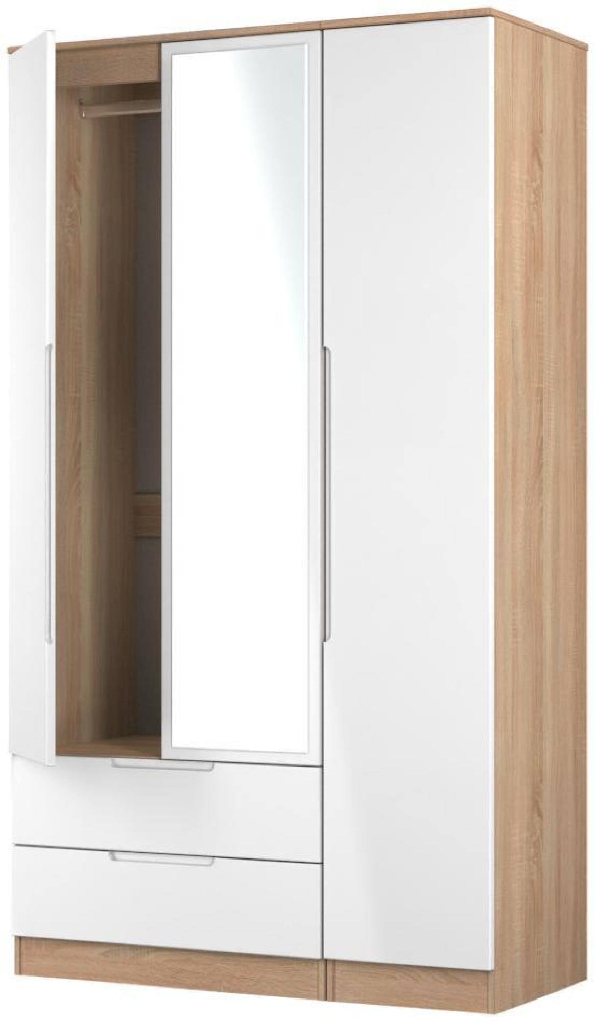 Milan Wardrobe - 3 Door - 1 Mirror - LHF 2 Drawer - Tall - Combi - White Gloss and Oak