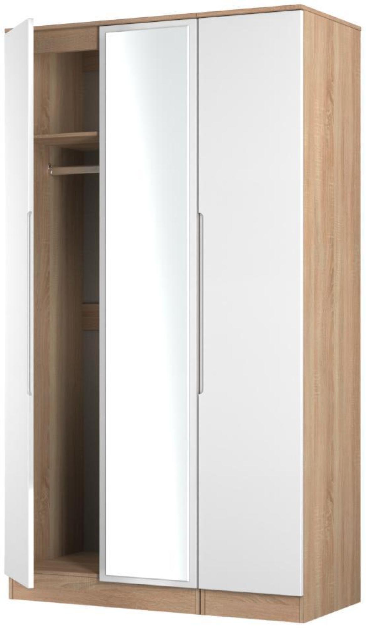 Milan Wardrobe - 3 Door - 1 Mirror - Tall - Triple - White Gloss and Oak