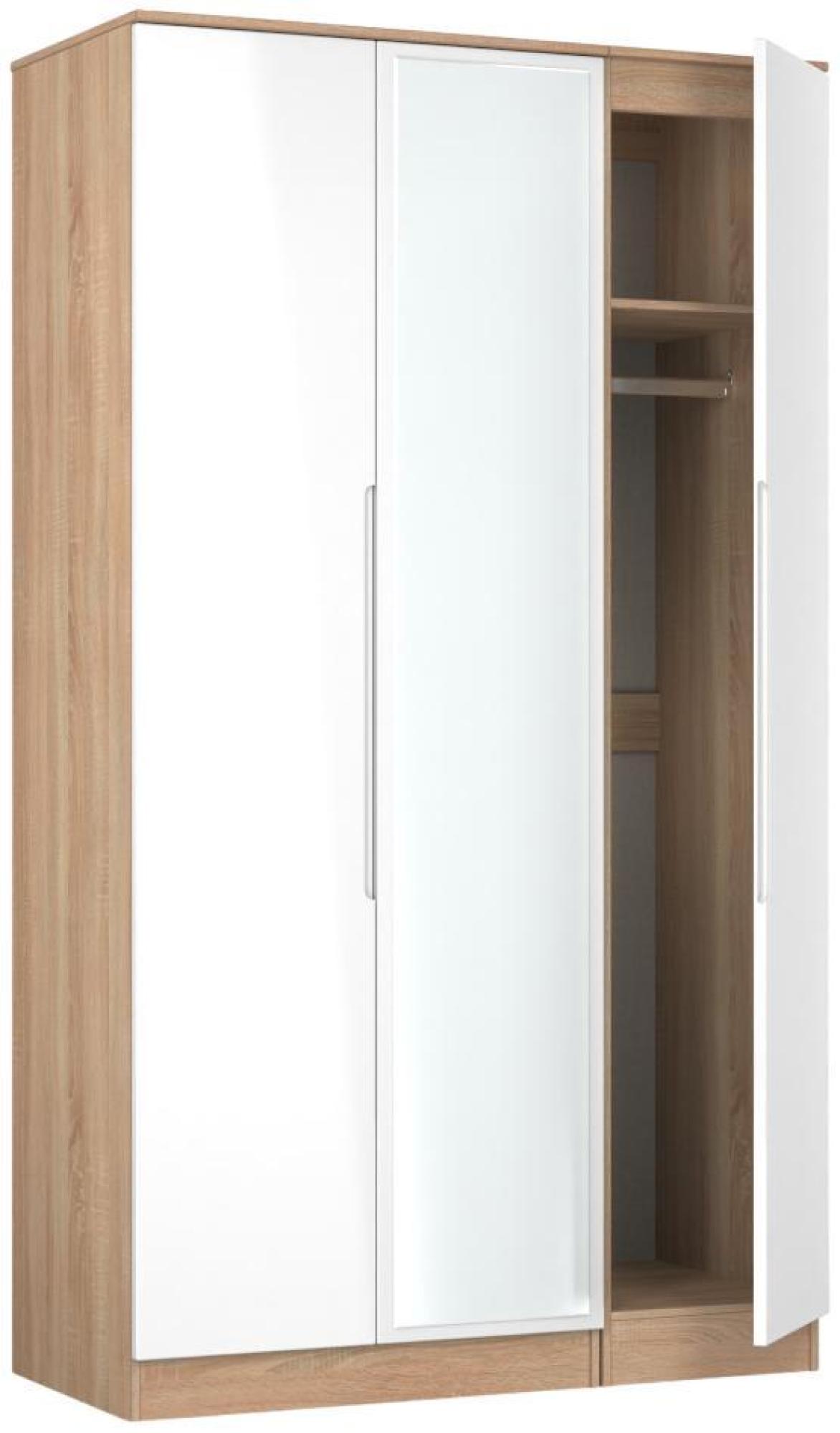 Milan Wardrobe - 3 Door - 1 Mirror - Tall - Triple - White Gloss and Oak