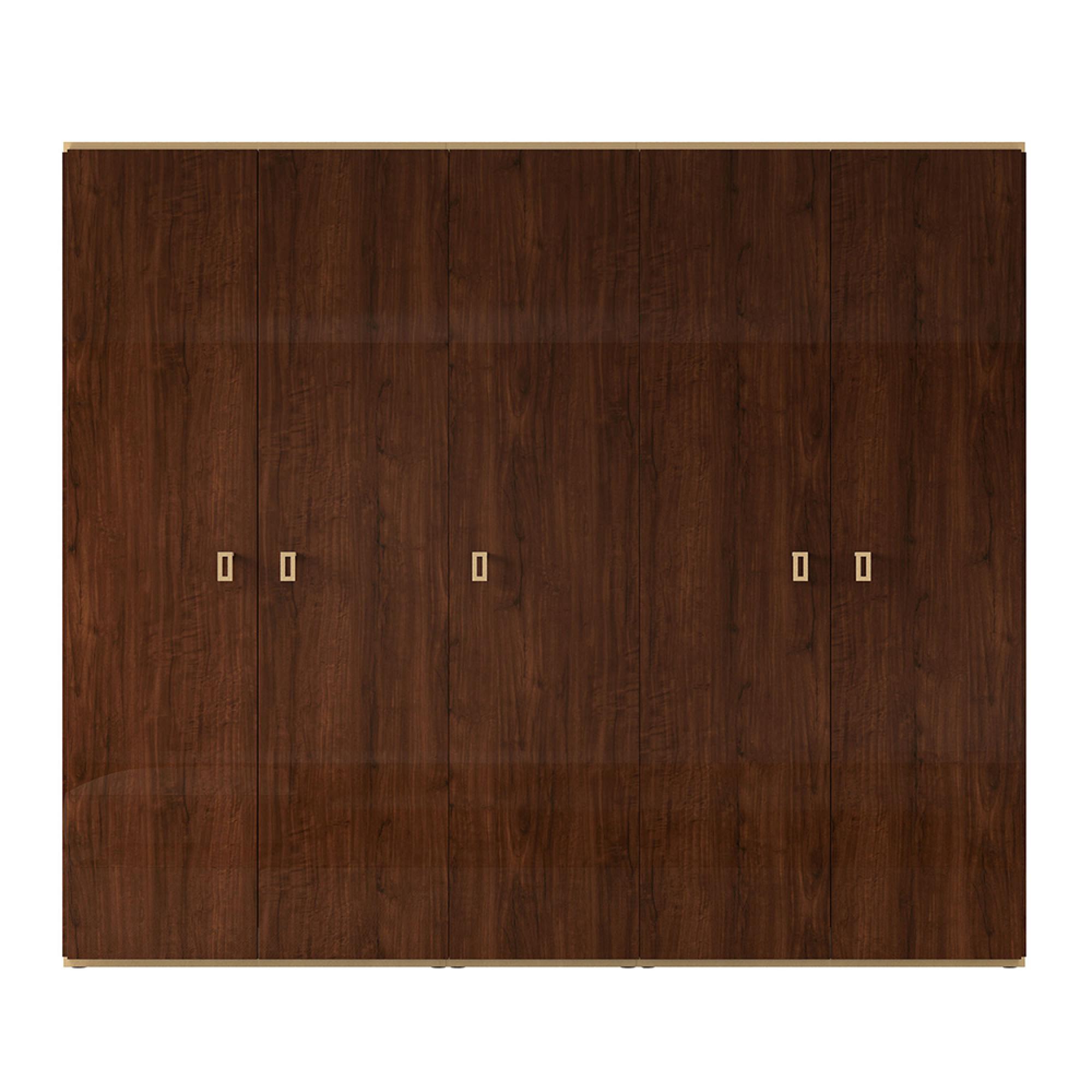 Modern Eva Wardrobe - 5 Door - Walnut with Gold Trim