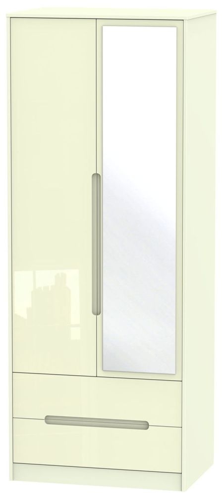 Monaco Cream Gloss 2 Door Tall Combi Wardrobe - 1 Mirror