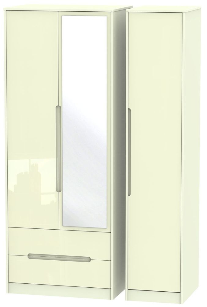 Monaco Cream Gloss 3 Door Tall Combi Wardrobe - 1 Mirror and LHF 2 Drawers