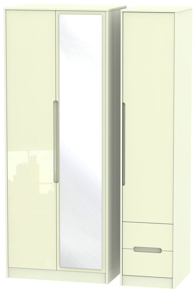 Monaco Cream Gloss 3 Door Tall Combi Wardrobe - 1 Mirror and RHF 2 Drawers