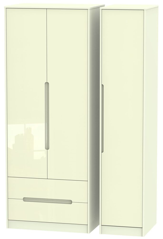 Monaco Cream Gloss 3 Door Tall Triple Wardrobe - LHF 2 Drawers