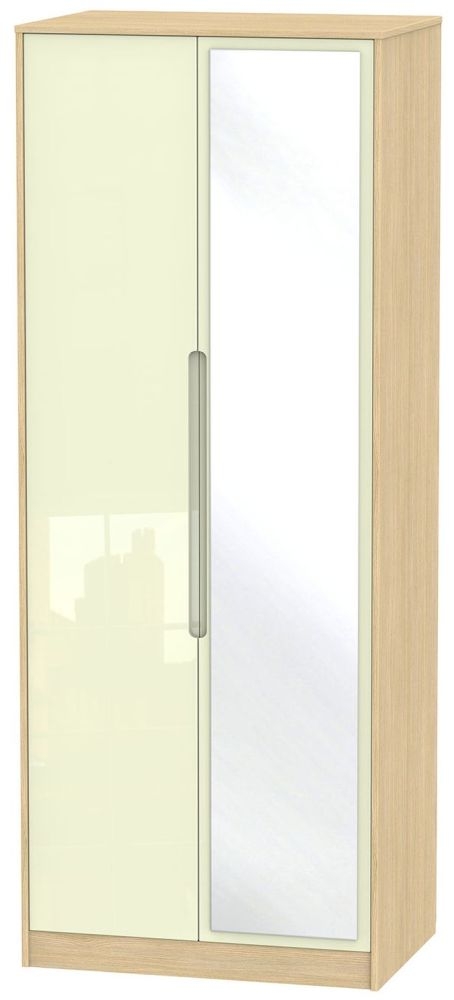 Monaco Cream Gloss and Light Oak 2 Door Tall Wardrobe - 1 Mirror
