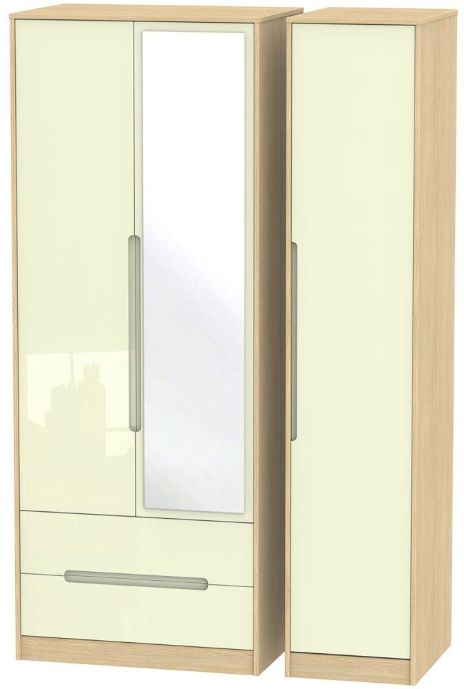 Monaco Cream Gloss and Light Oak 3 Door Tall Combi Wardrobe - 1 Mirror and LHF 2 Drawers